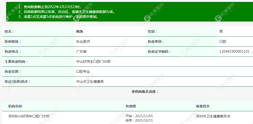 深圳好佰年口腔医生何为医疗资质证书 深圳好佰年口腔医生何为医疗资质证书