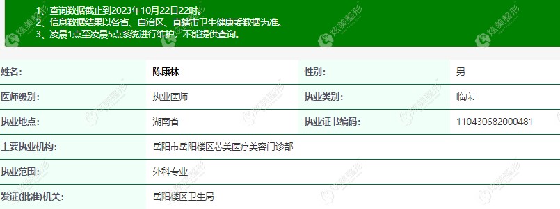 陈康林医生在卫健委上登记的具体信息 陈康林医生在卫健委上登记的具体信息